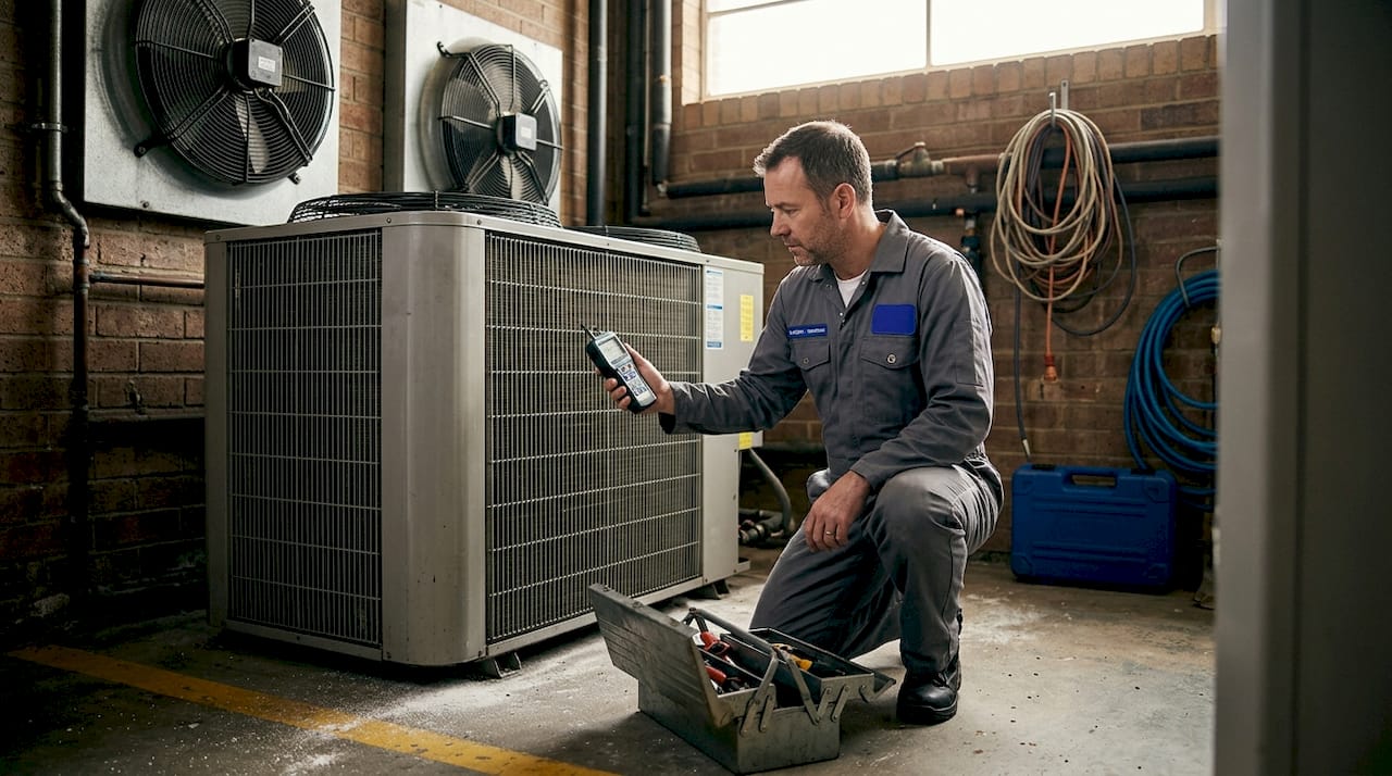 Technician inspects condenser ventilation airflow