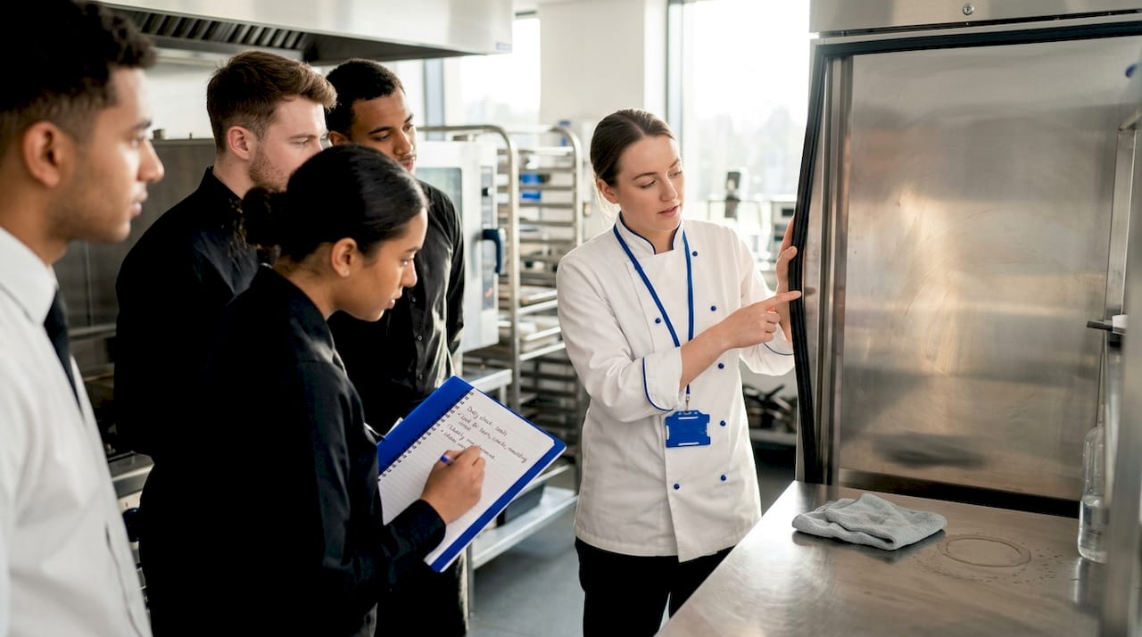 Hospitality manager training staff on fridge checks