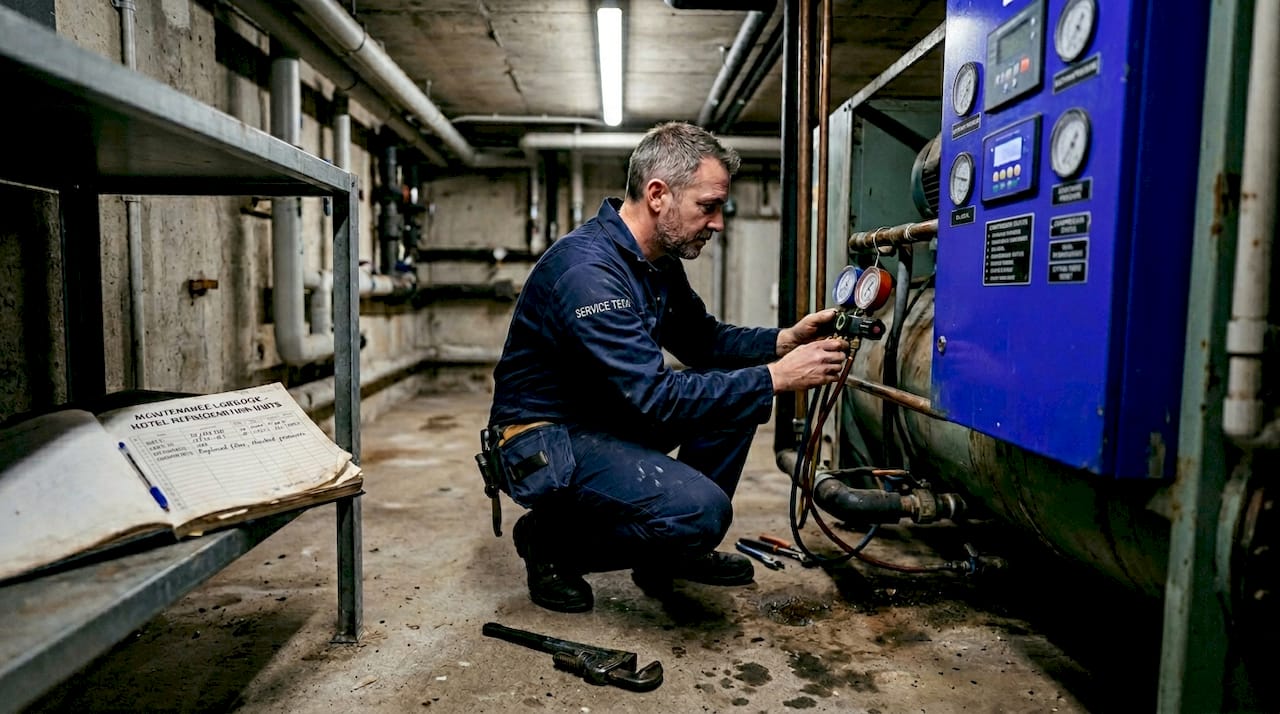 Technician performing hotel fridge maintenance check