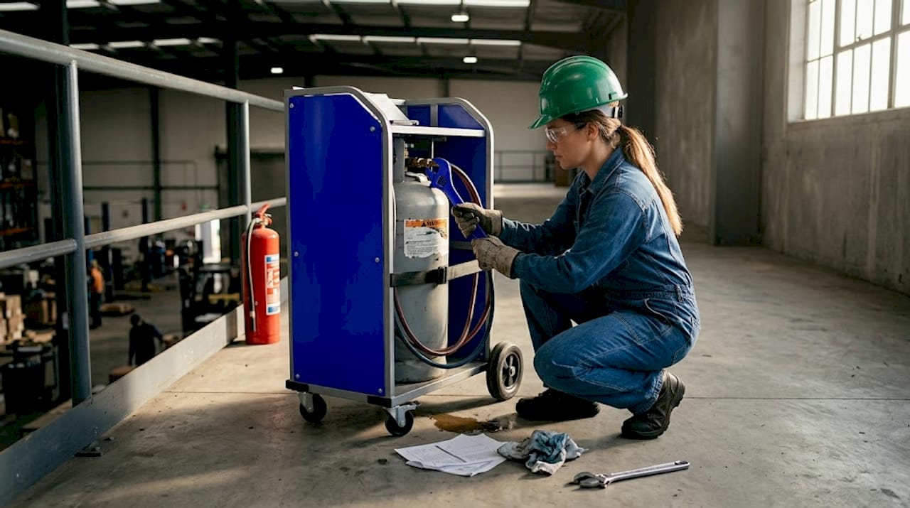 Technician securing hoses for safe refrigerant recovery
