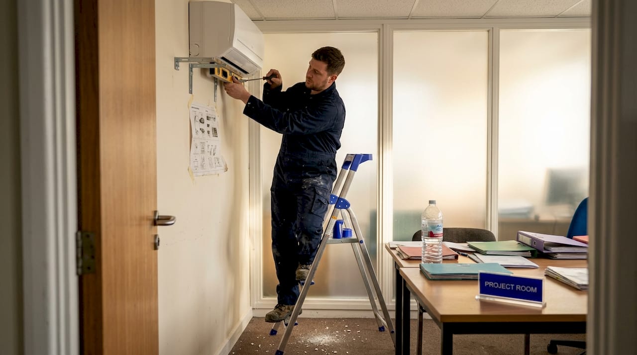 Technician installs ductless unit in office