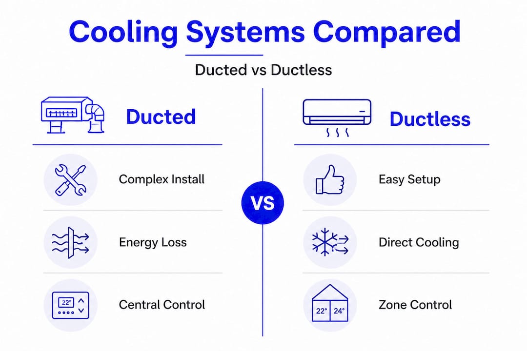 Infographic comparing ducted and ductless cooling systems