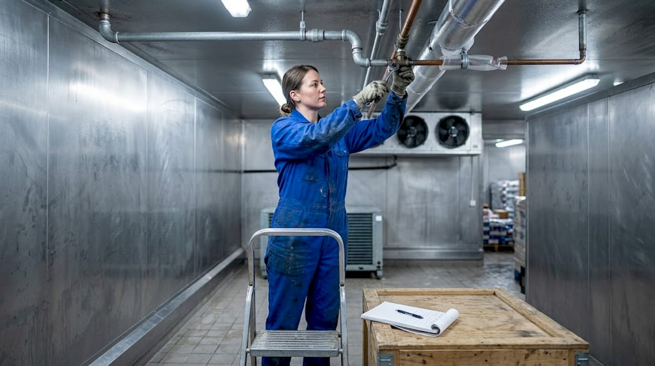 Technician servicing cold room refrigeration pipes