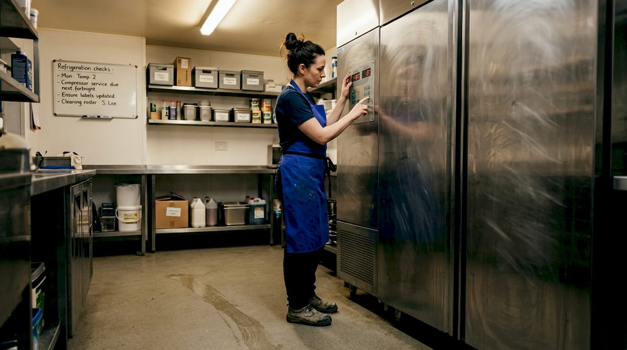 Porter checks temperature gauge on fridge