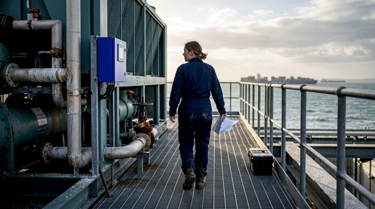 Operator inspects coastal chiller unit for corrosion