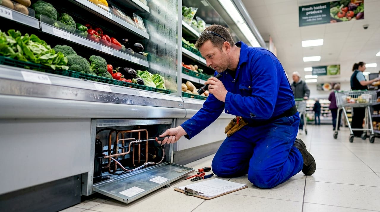 Technician inspecting supermarket refrigeration unit
