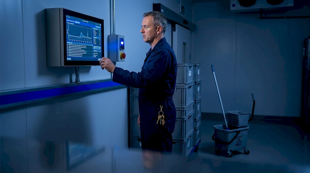 Manager checking smart cold room control panel