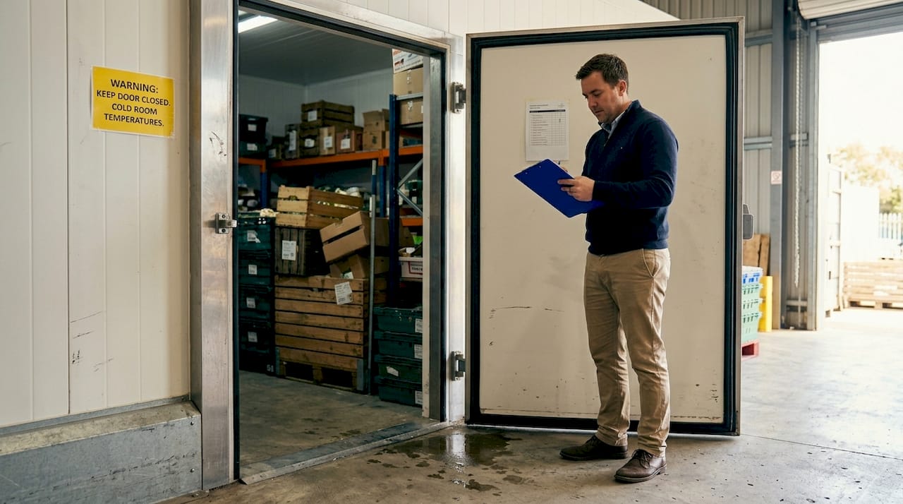 Manager reviewing cold room insulation at door