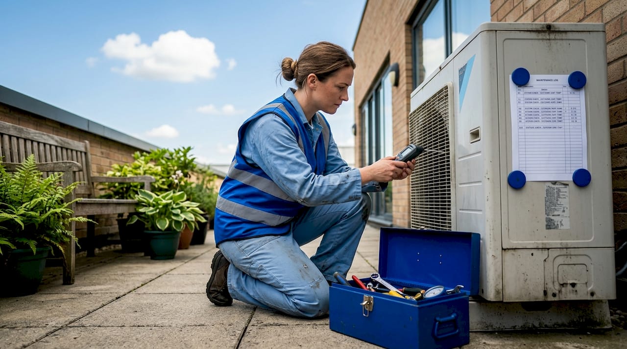 Technician testing HVAC temperature after maintenance