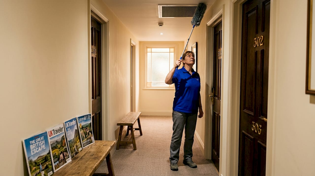 Hotel corridor with housekeeper cleaning air vent