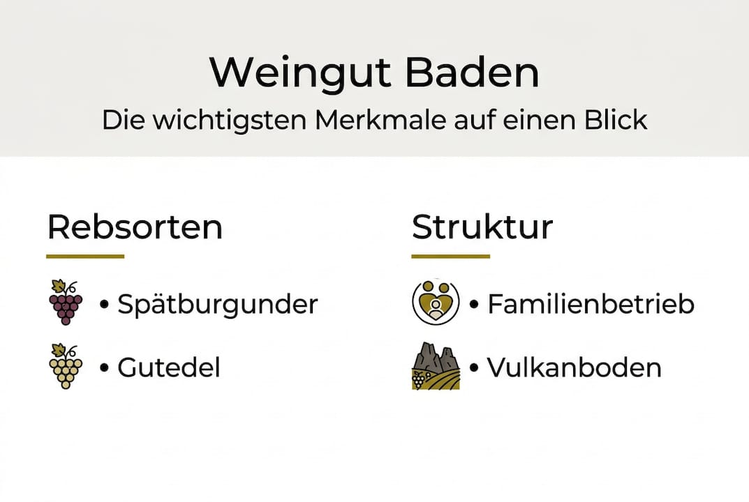 Die Infografik gibt einen Überblick über die wichtigsten Eigenschaften des Weinguts Baden.