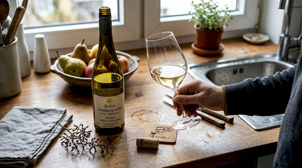 Eine Flasche Pinot Gris aus Baden mit passendem Verkostungsglas