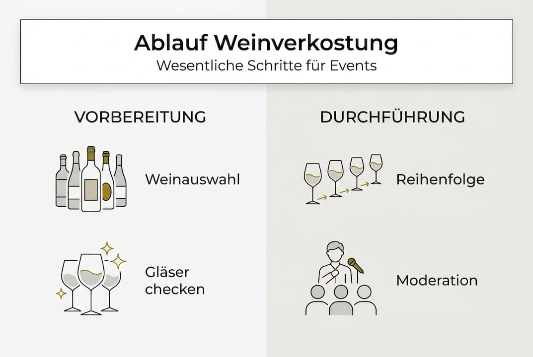 Die Infografik veranschaulicht, wie eine professionelle Weinprobe Schritt für Schritt abläuft.