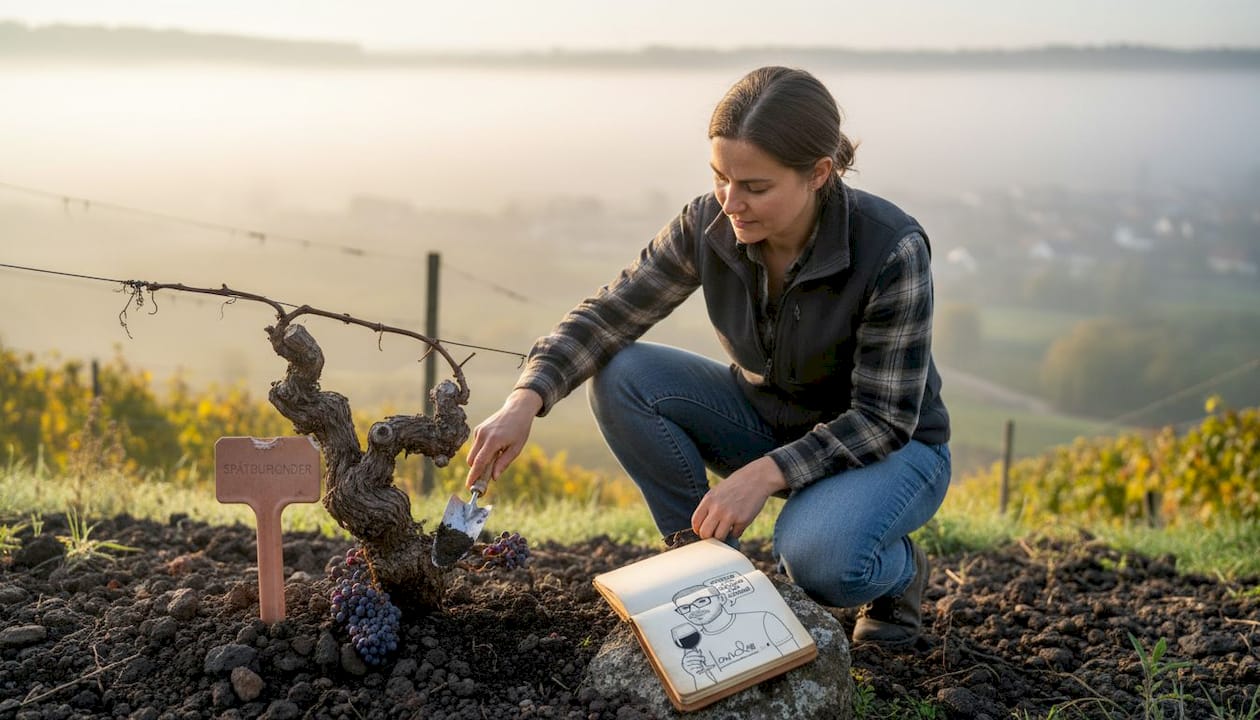 Ein Winzer begutachtet den fruchtbaren Vulkanboden im Kaiserstuhl.