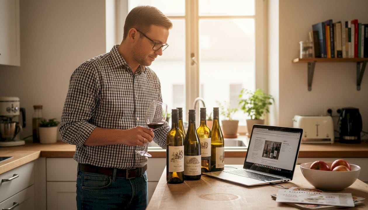 Ein Mann stellt in seiner Küche verschiedene Weine aus der Region zusammen.
