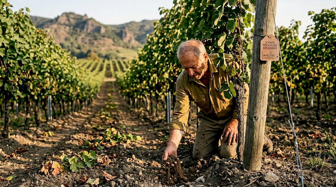 Ein Winzer begutachtet den Boden seines Weinbergs im Kaiserstuhl.