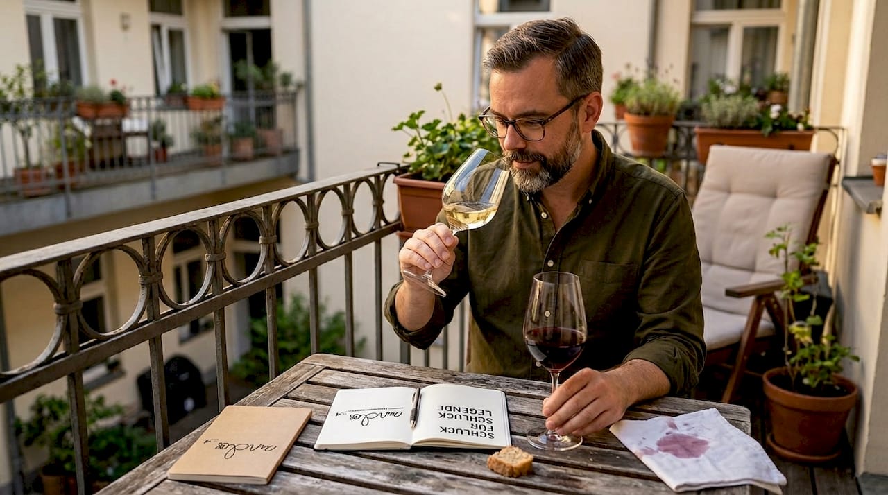 Genussvolle Weinverkostung mit Rot- und Weißwein auf dem Balkon – entspannte Stunden unter freiem Himmel.