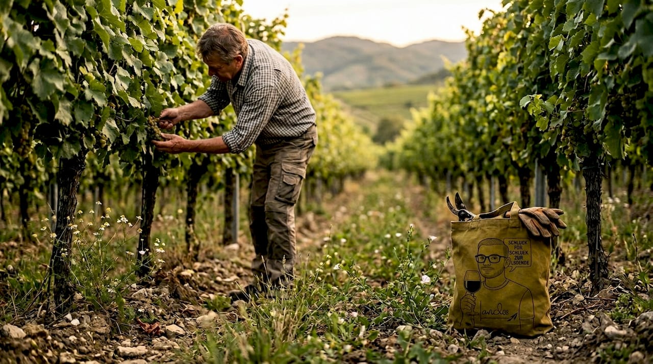 Ein Mitarbeiter überprüft die Reben im Weinberg des Kaiserstuhls.