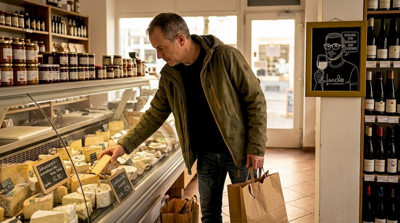 Ein Mann steht im Feinkostladen und sucht sich sorgfältig aus dem Angebot an Käse seinen Favoriten aus.