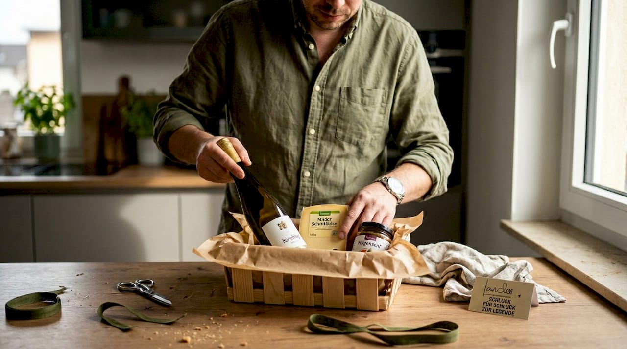 Ein Mann stellt ein Präsent mit erlesenen Weinen und Feinkost zusammen.