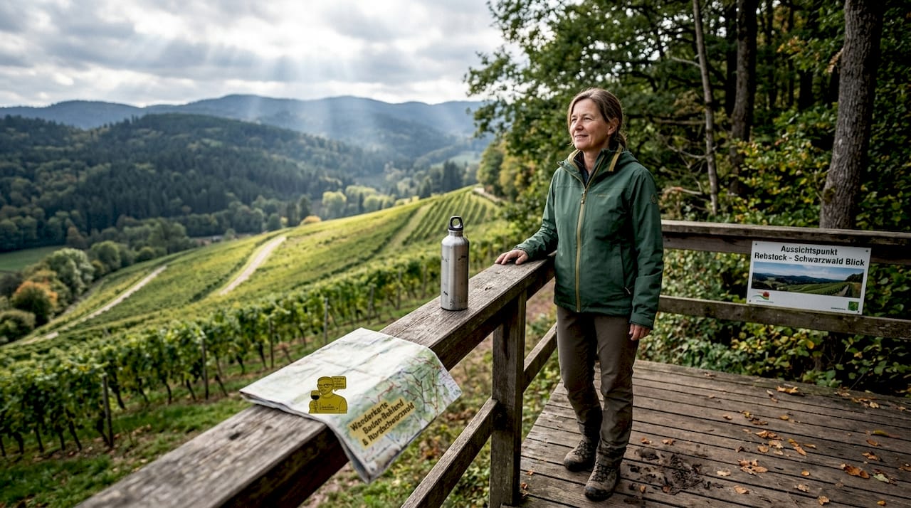 Eine Frau genießt den Ausblick von ihrer Terrasse auf die sonnenverwöhnten Weinberge Badens.