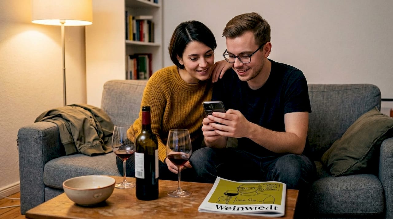 Junge Leute entdecken gemeinsam hochwertige Weine und tauschen sich darüber aus.