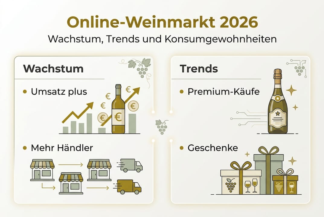Eine Infografik veranschaulicht die aktuellen Entwicklungen und das rasante Wachstum im Online-Weinhandel.