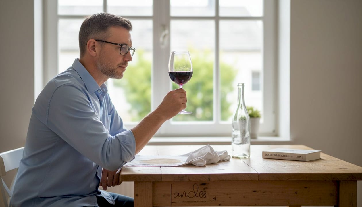 Ein Mann begutachtet die Farbe des Weins bei Tageslicht.