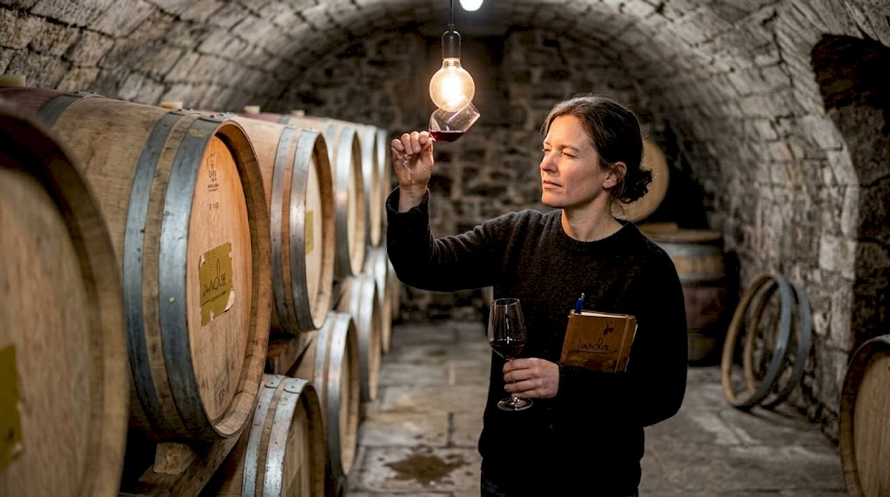 Ein Winzer prüft sorgfältig die Qualität seines Weins im kühlen Keller.