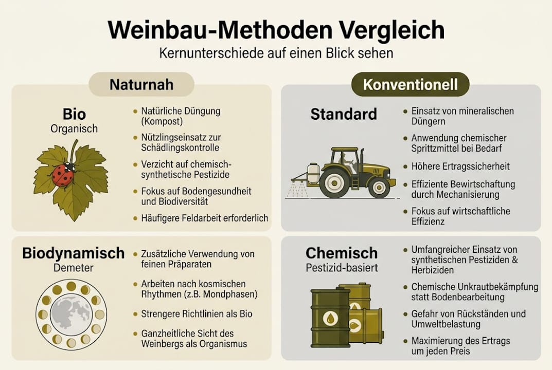 Infografik: Verschiedene Methoden im Weinbau im Vergleich