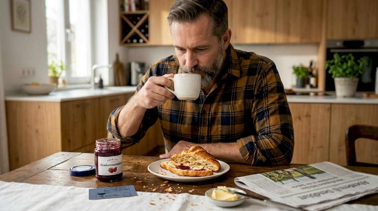 Ein Mann sitzt am Frühstückstisch und genießt den aromatischen Duft seines frisch gebrühten Kaffees.