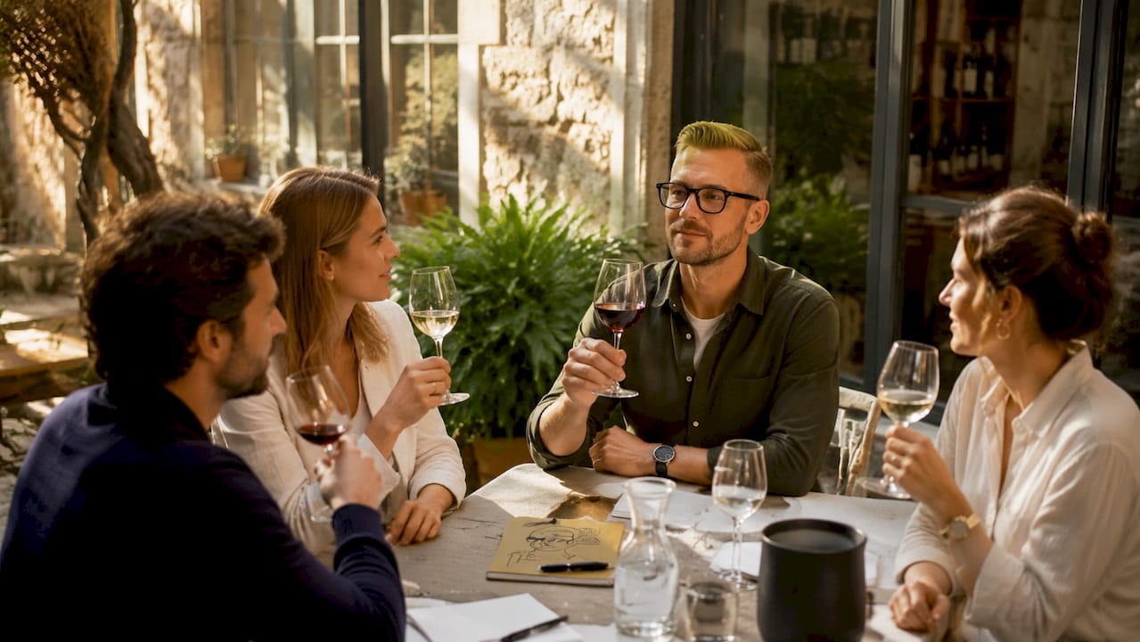 Eine Gruppe genießt eine Weinprobe bei Landos.