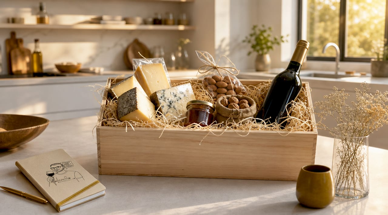 Feinkostpräsent im Geschenkkorb, liebevoll mit Holzwolle ausgelegt und dekorativer Schleife veredelt
