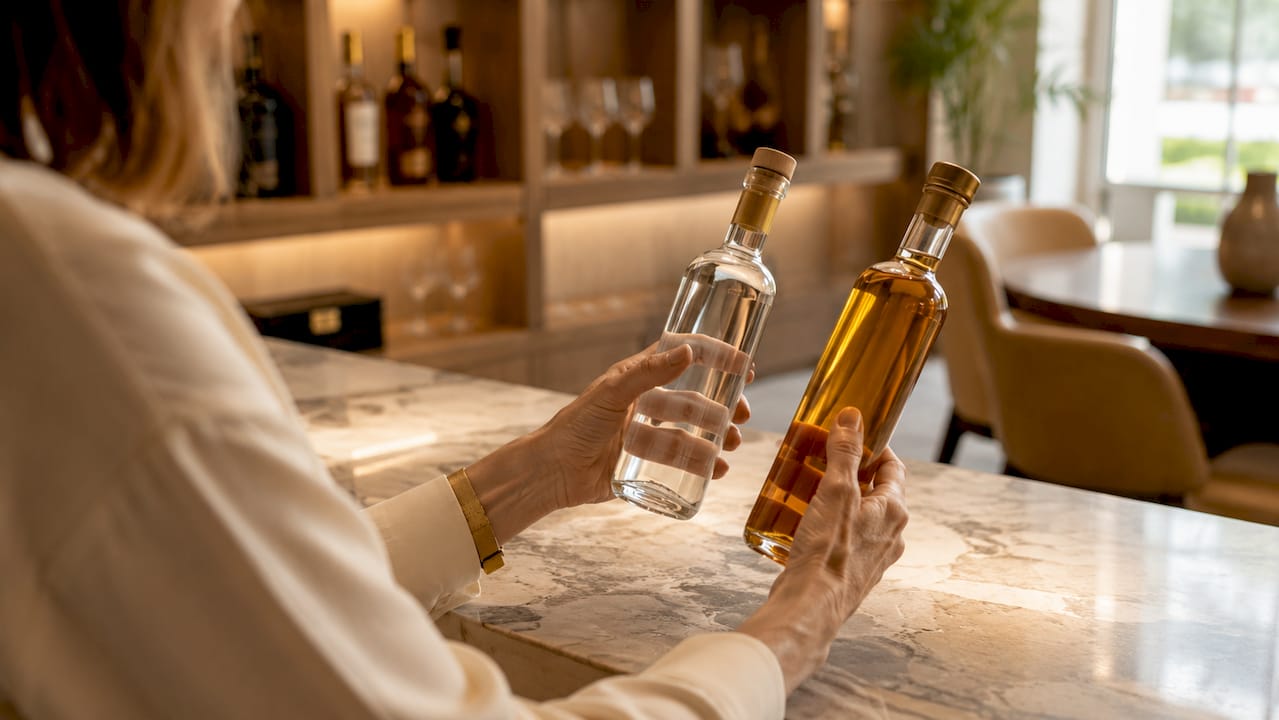 Zwei Hände halten eine Flasche Apfelbrand und eine Flasche Likör nebeneinander und vergleichen die beiden.