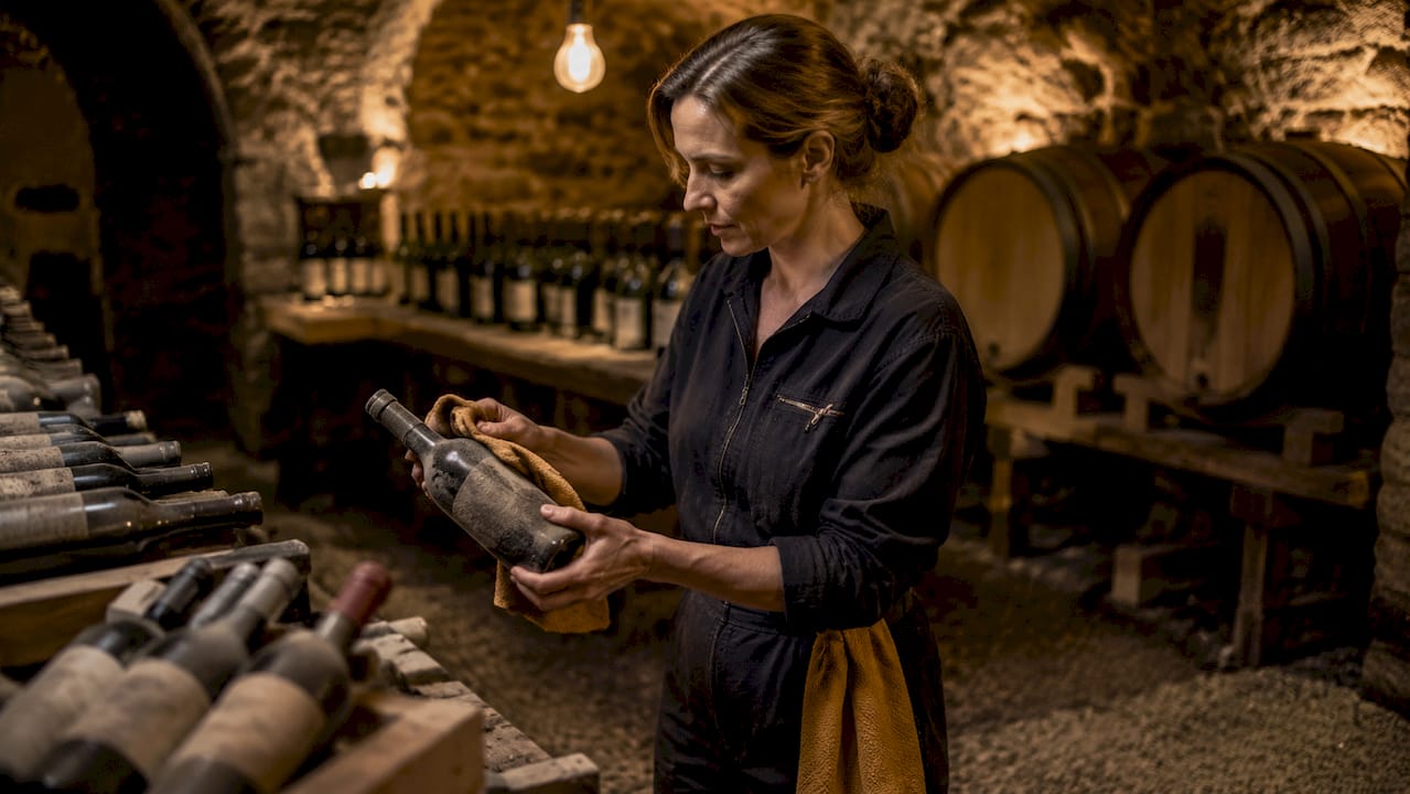 Im Weinkeller begutachtet die Kellermeisterin eine Flasche Schaumwein und prüft deren Qualität.