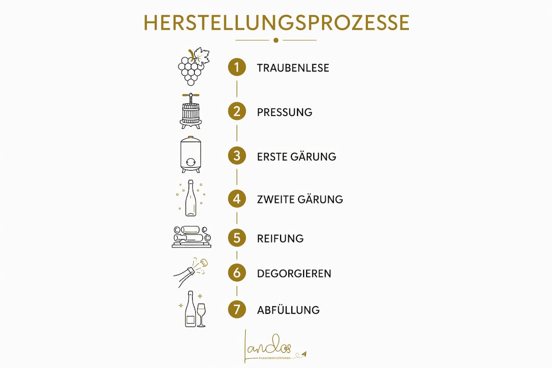 Grafische Übersicht: So entsteht Schaumwein – die wichtigsten Schritte im Überblick