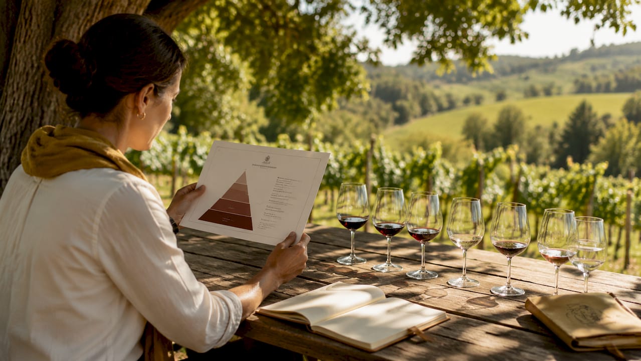 Hände halten eine VDP-Klassifikationskarte auf einem Tisch im Weinberg.