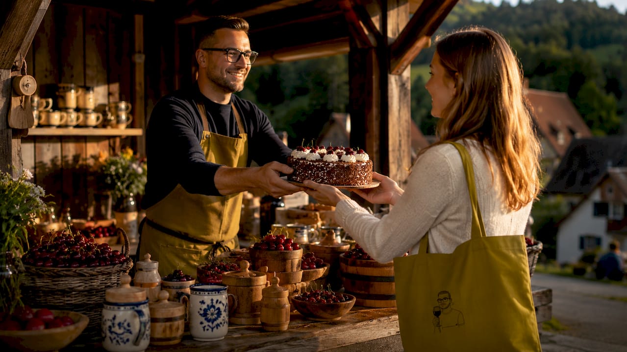 Genießen Sie am Marktstand unsere hausgemachte Schwarzwälder Kirschtorte und weitere regionale Köstlichkeiten.
