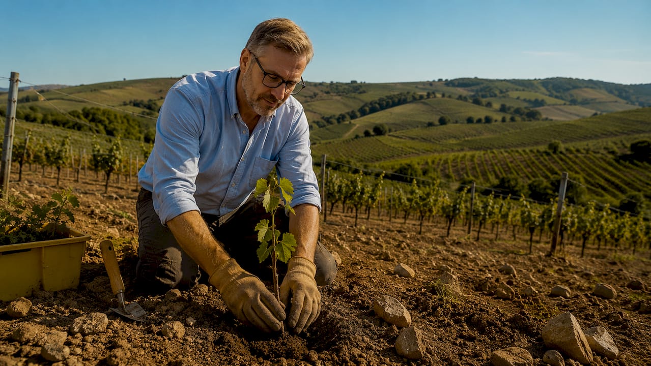 Ein Winzer setzt junge Reben im Weinberg und bereitet den Boden für die kommende Ernte vor.