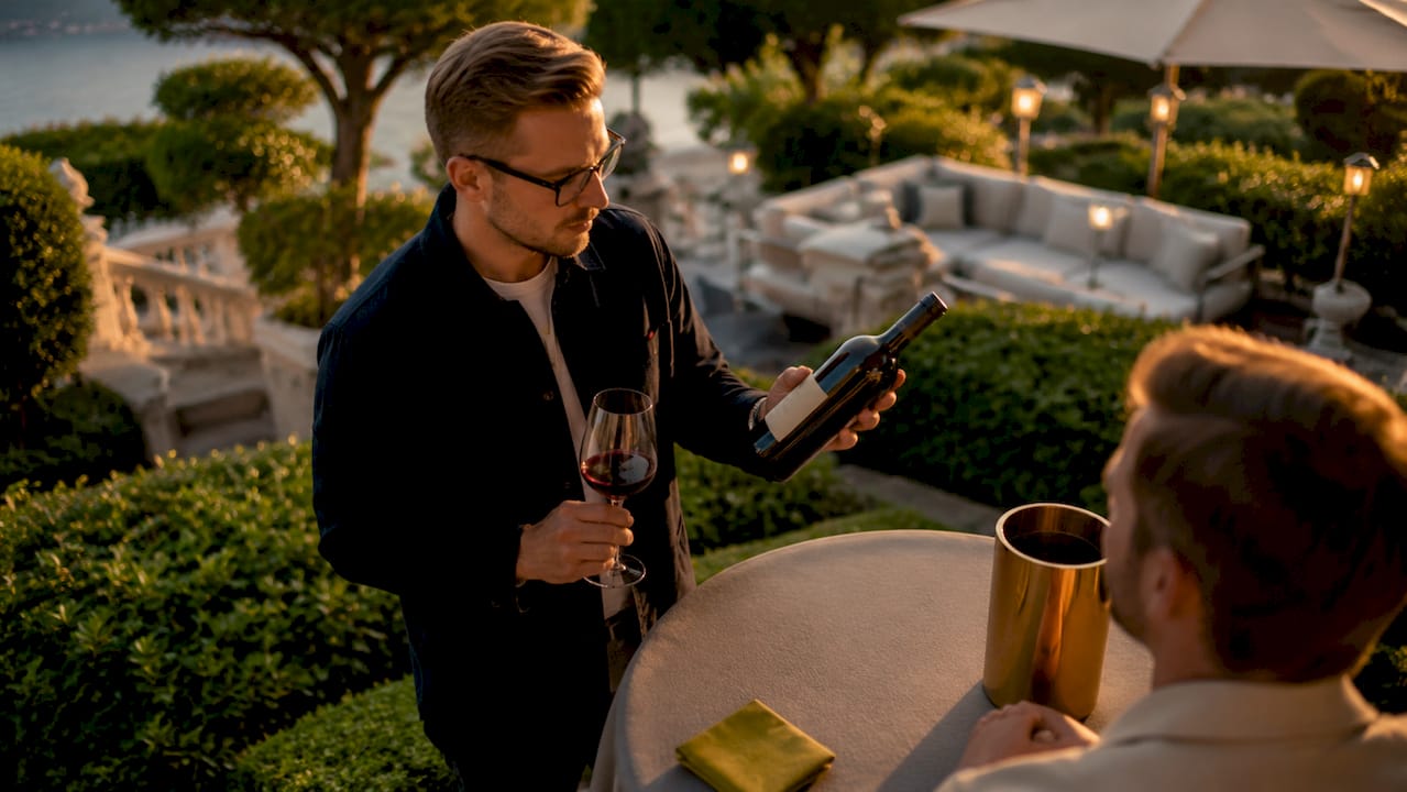 Ein Sommelier bereitet den Weinausschank an der Hotelbar mit viel Sorgfalt und Fachwissen vor.