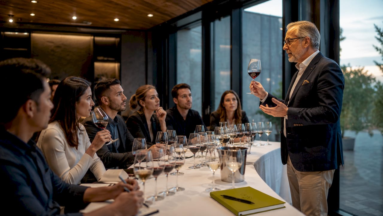 Ein erfahrener Sommelier vermittelt sein Wissen in einem Weinseminar und führt die Teilnehmer durch eine professionelle Weinverkostung.