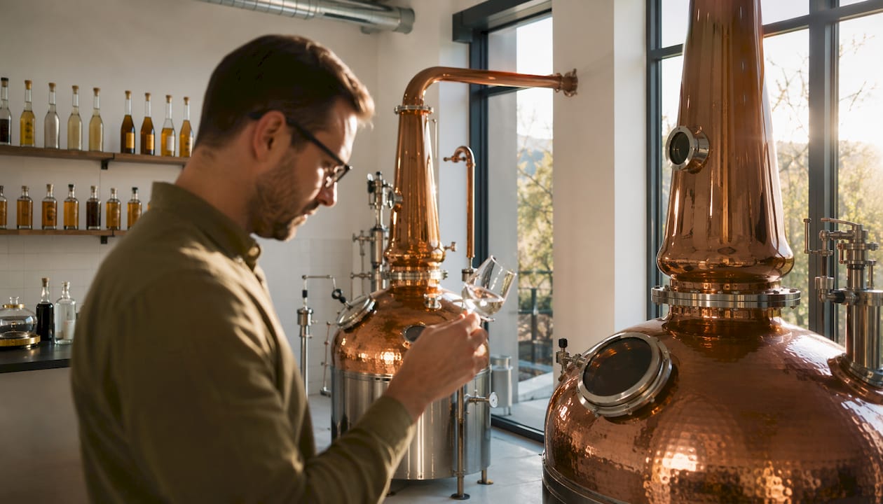 In unserer Manufaktur wird traditionell mit Kupferkesseln destilliert – echtes Handwerk, das Sie schmecken können.