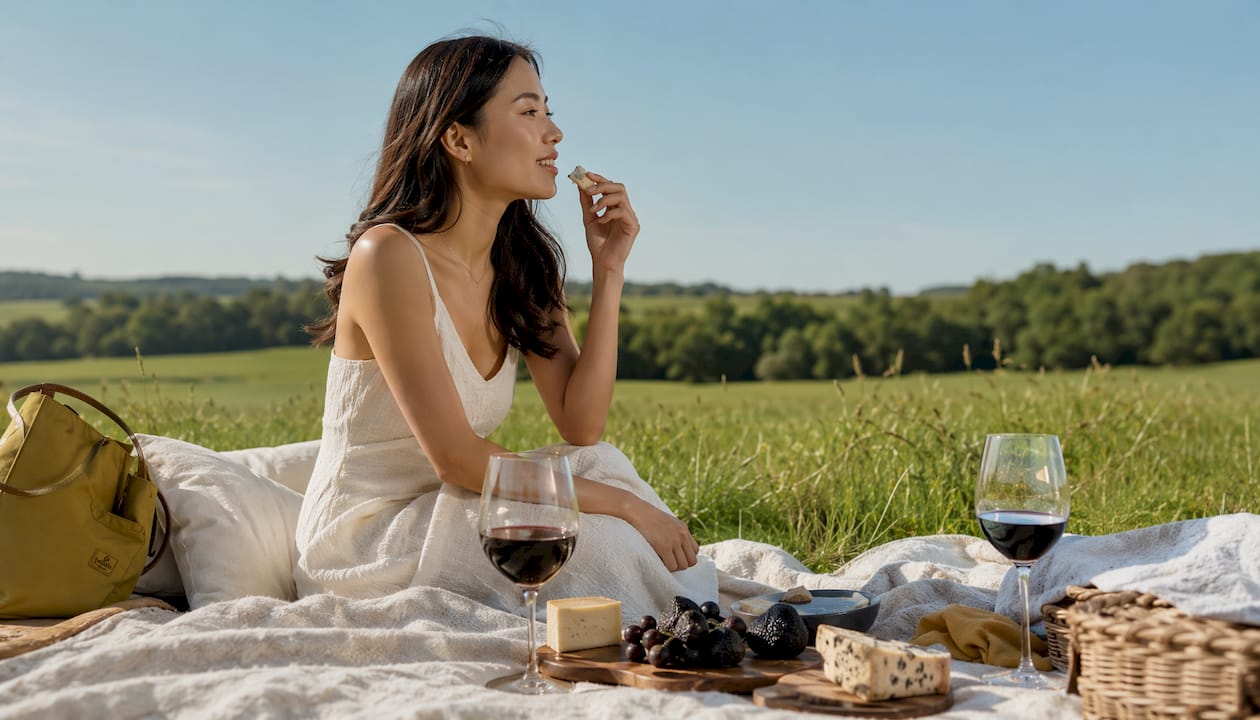 Eine Frau lässt sich am Tisch ein modernes Gourmet-Menü schmecken.