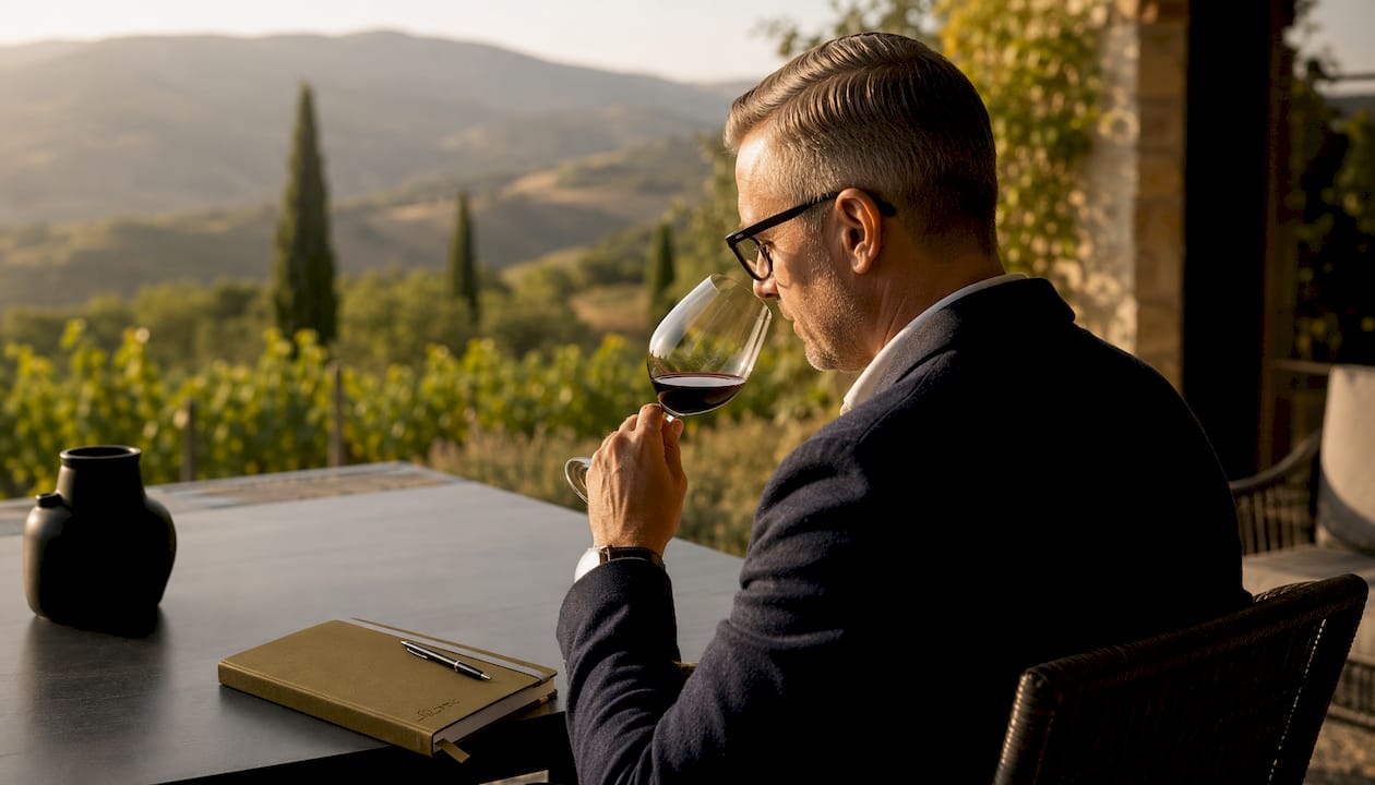 Ein Sommelier prüft den Wein am Tisch, indem er am Glas riecht.