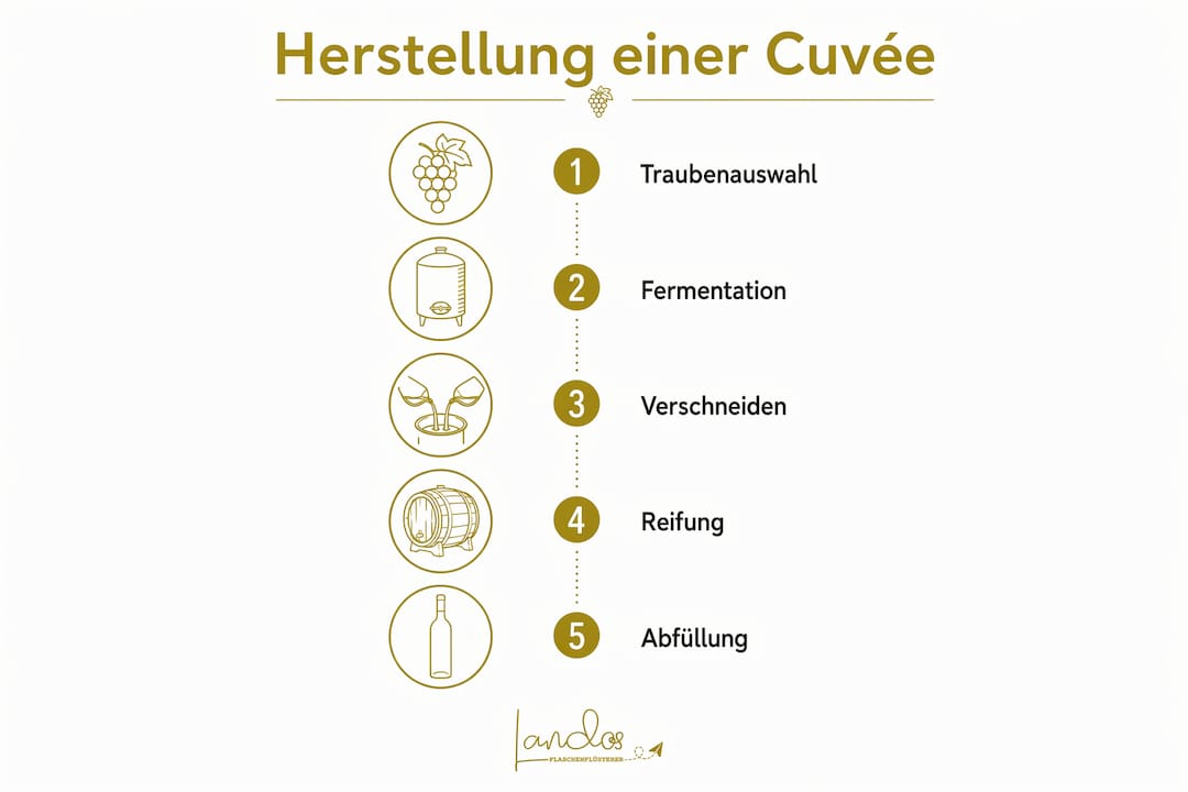 Eine anschauliche Infografik veranschaulicht, wie eine Cuvée entsteht – von der Auswahl der einzelnen Weine bis zur finalen Komposition.