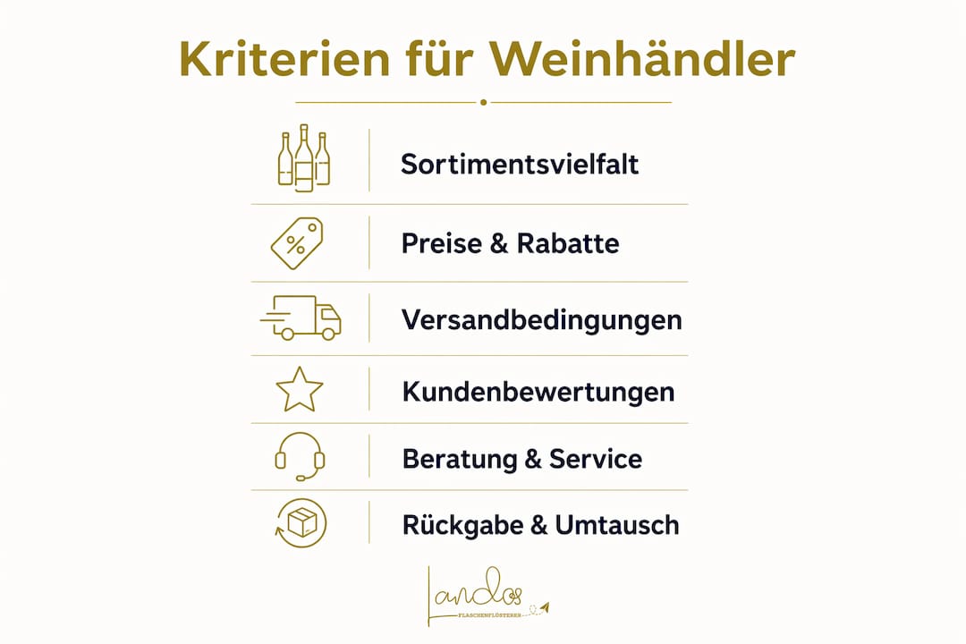 Sechs wichtige Kriterien, die Sie bei der Wahl eines Online-Weinhändlers beachten sollten – übersichtlich in einer Infografik dargestellt.