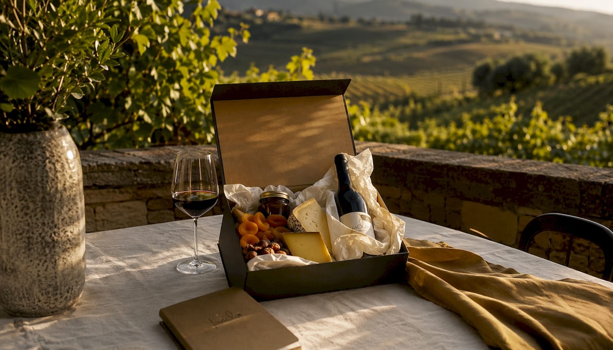 Exklusive Weinpräsentbox mit erlesenen Feinkostspezialitäten