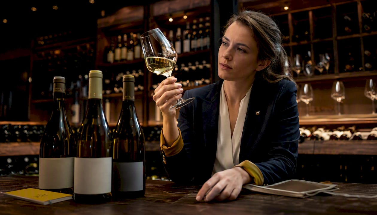 Eine Frau betrachtet aufmerksam eine Weißwein-Cuvée im Verkostungsraum.