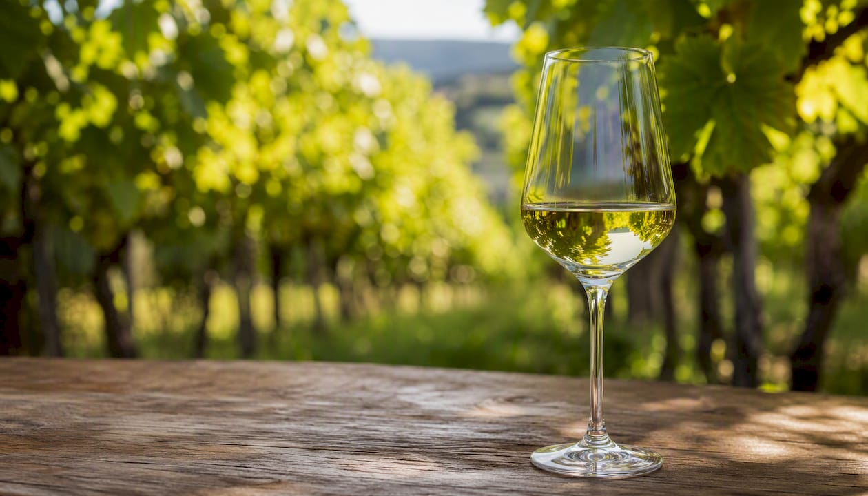 Ein Glas Klingelberger Riesling, stimmungsvoll vor einer Granitplatte arrangiert.