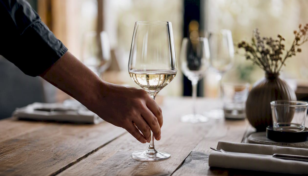 Ein frischer Weißwein aus der Ortenau wird in ein schmales Weinglas eingeschenkt.